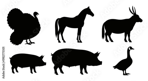 Diverse Farm and Wild Animal Silhouettes Collection on White Background