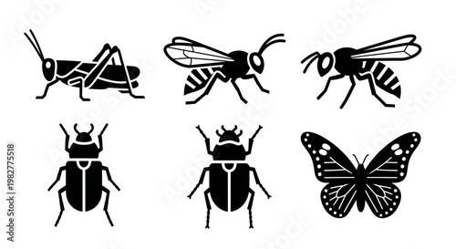 Diverse Insect Silhouettes: Grasshopper, Bees, Beetles, Butterfly Vector Icons