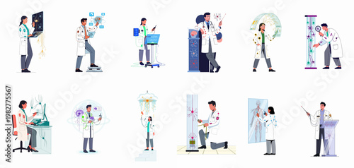 Illustrations of medical researchers and doctors using futuristic technology for neurology, brain science, and human anatomy analysis in a laboratory setting.