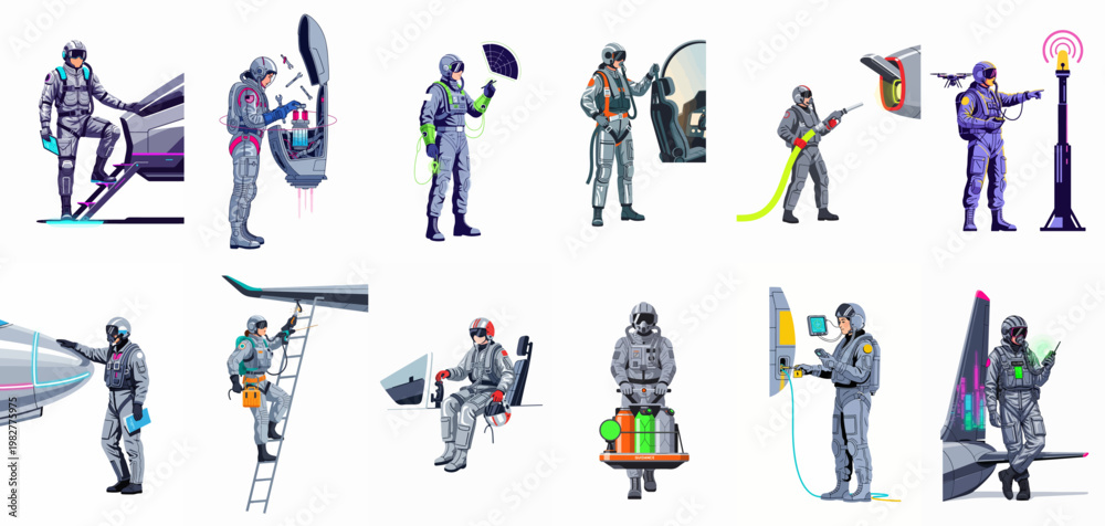 Fototapeta premium Collection of futuristic aviation and aerospace personnel illustrations featuring pilots, technicians, and ground crew in various maintenance and operational roles.