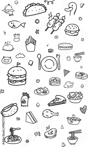 Fast food and dim sum doodle pattern