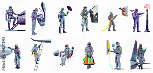 Collection of futuristic aviation and aerospace personnel illustrations featuring pilots, technicians, and ground crew in various maintenance and operational roles.