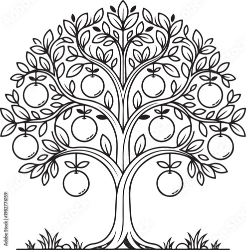 Illustration of a lush fruit tree with ripe red apples hanging from curved branches in a minimalist style