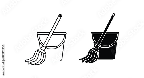 Clean mop and plastic bucket vector illustration showing essential tools for household chores and maintenance tasks