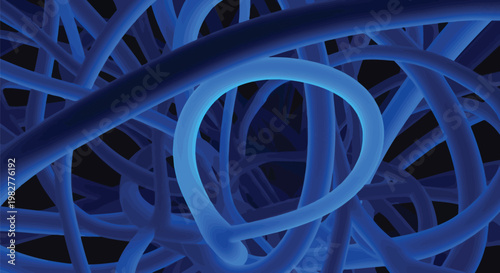 Blue cable, wire, tubing, and cord vector set, tangled mess, glowing effect