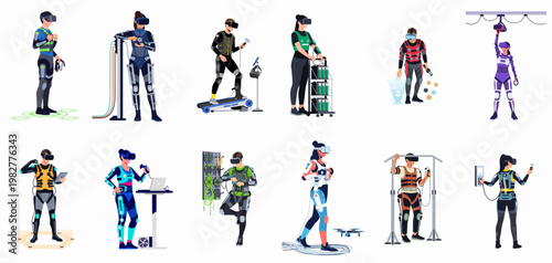 Flat vector illustration set of people using advanced virtual reality equipment, haptic suits, exoskeletons, and motion capture technology for immersive digital experiences.