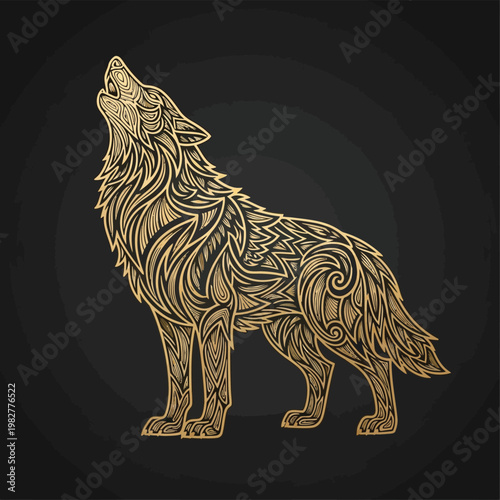 Gold wolf illustration, tribal animal design, metallic artwork, black background