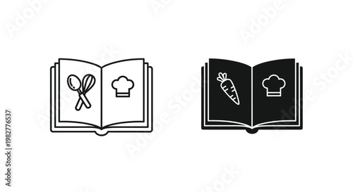 Vector graphic illustration of open recipe books featuring cooking tools and chef hats for culinary design.