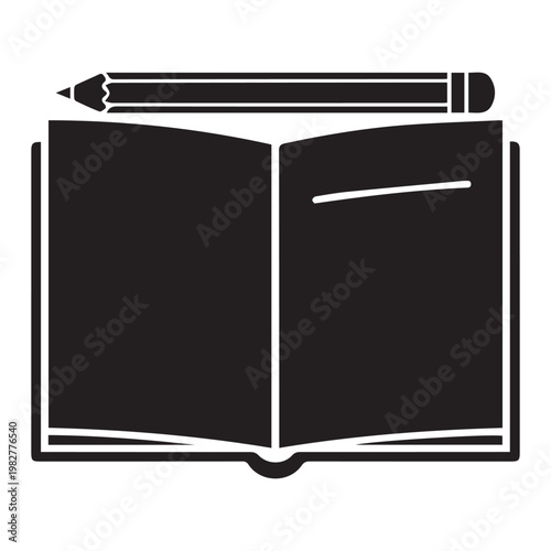 A black and white image of a pencil on a book