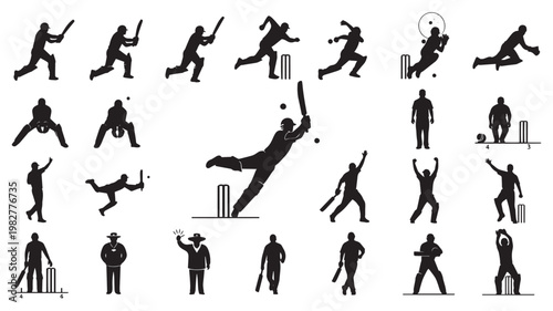 Comprehensive Collection of Professional Cricket Player Action Silhouettes