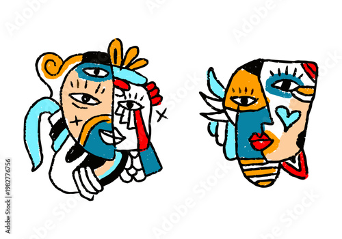 Abstract colorful face people illustration set in decorative line art style