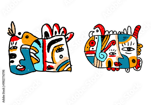 Abstract colorful face people illustration set in decorative line art style