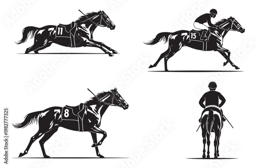 Professional horse racing silhouettes with jockeys on saddle sprinting towards finish line at turf tracks for derby betting posters sport events and equestrian competition branding
