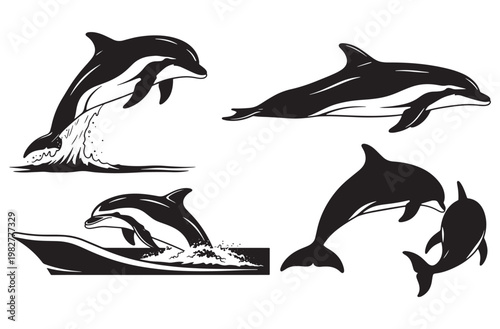 Set of dolphin silhouettes jumping dolphins ocean animals swimming marine life icons on transparent background aquatic mammal symbols sea creature design vector graphic illustration
