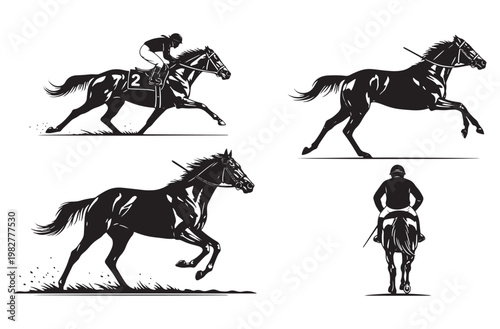 Set of horse racing silhouettes jockey riding thoroughbred horse galloping racehorse icons on transparent background equestrian sports competition symbols motion design vector art