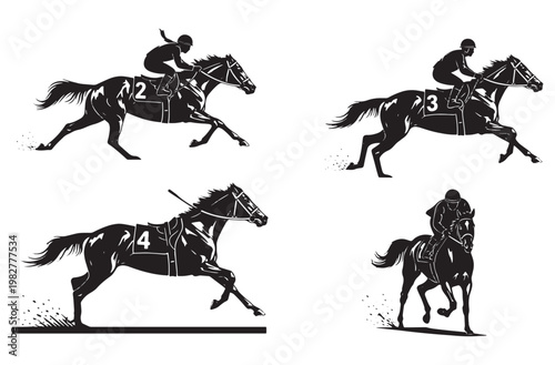Set of professional horse racing silhouettes jockeys competing on thoroughbred horses galloping icons on transparent background equestrian sport symbols motion design vector artwork