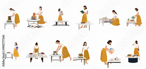 Flat vector illustration set of a woman organizing and reading books on marble coffee tables in various poses and situations.