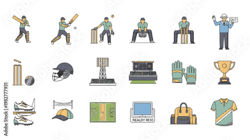 Large Set of Professional Cricket Player Actions and Sports Equipment Icons