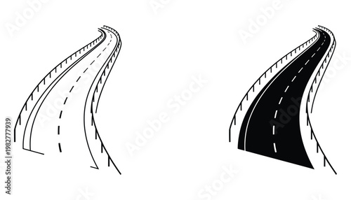 Curved road and bridge overpass line art icon set, vector illustration pictogram isolated on white background