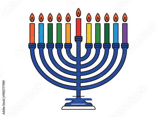 Menorah candelabra with nine colorful burning candles stands on white background.