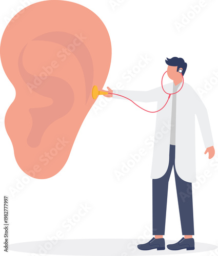 Doctor using stethoscope on a giant human ear