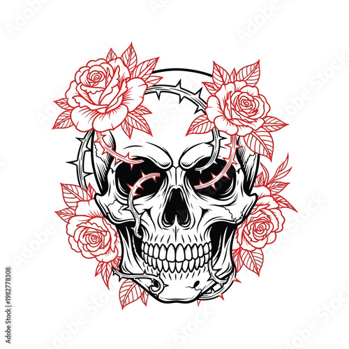 Tattoo skull, skull with roses, red and black skull, floral skull design, vector illustration