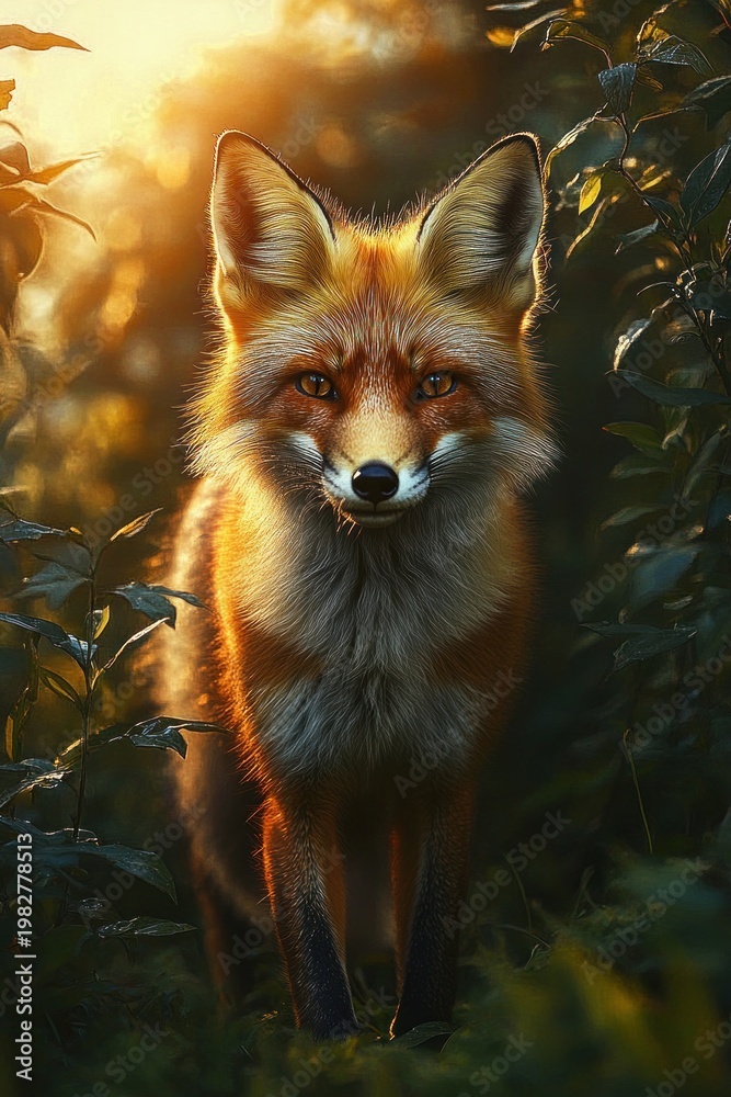 Fototapeta premium Red fox standing in leafy undergrowth bathed in warm golden light, calm and curious expression with a direct gaze