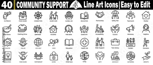 Community support line art icons. Including outreach food share, connection elder care, global aid education partnership, safety net teamwork shelter, and housing. vector illustration.