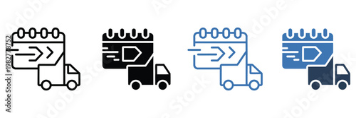 Delivery schedule icon set, line and flat vector style collection, modern logistics and shipment timing symbols, including calendar, clock, and parcel tracking icons for delivery planning