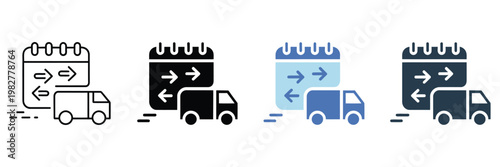 Delivery schedule icon set, editable stroke outline vector pack featuring time slots, delivery calendar, truck scheduling, and package tracking symbols