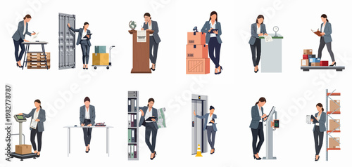 Flat vector illustration set of a professional female logistics manager performing various tasks in warehouse, office, and shipping environments.