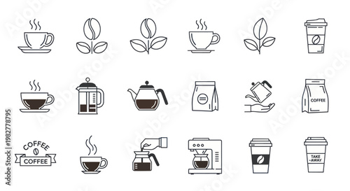 Coffee Icons Set: Cups, Beans, Maker, French Press, Teapot, Bags, Takeaway Cups