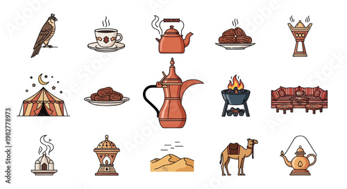 Arabian Desert Lifestyle Icons: Falcon, Coffee, Dates, Tent, Camel, Incense Burner