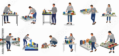 Set of diverse architects and urban planners working on scale models of sustainable cities, buildings, and infrastructure for future development projects.