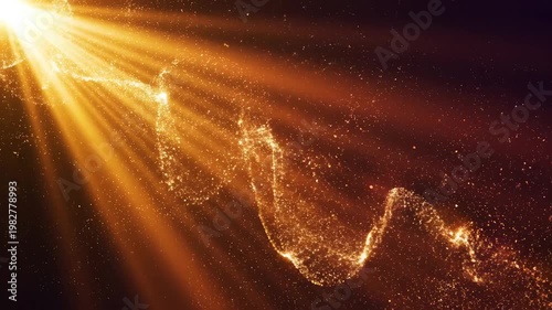 Golden light rays with dust particles for commercial backgrounds, digital design, and advertising