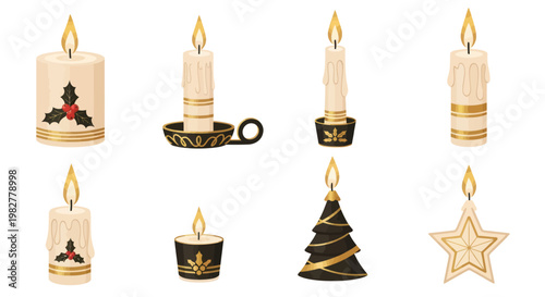 Christmas Candles and Decorations Set: Holly, Star, Tree, Ornaments
