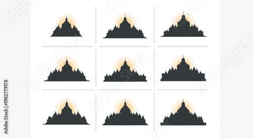 Temple Silhouette Collection with Moon, Asian Architecture Vector Set
