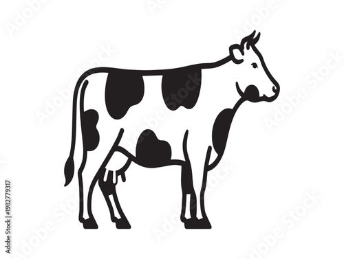Simple black and white illustration of a holstein friesian cow standing in profile