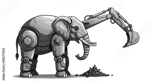 Robotic elephant, mechanical animal, industrial creature, grey metallic