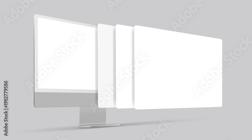 Computer monitor with blank screen and empty web page frameworks. Template for adapting web design or displaying screenshots.