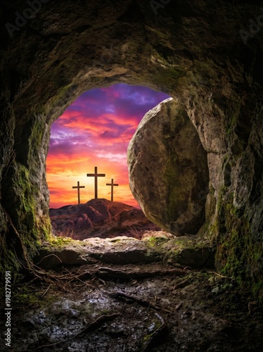 Sunrise resurrection tomb crosses in nature faithful reflection spiritual landscape