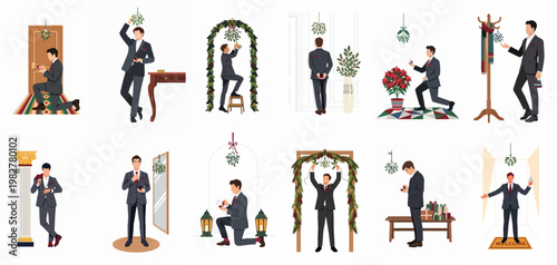 Collection of twelve illustrations of a man in a suit proposing or waiting under mistletoe, perfect for Christmas or holiday engagement themes.