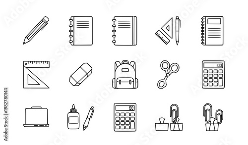 Minimal School Supplies Icon Set Linear Outline Education Tools Stationery Vector Collection Isolated on White