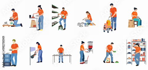 Volunteers at an Animal Shelter Preparing Food and Filling Bowls for Rescue Pets, Charity Work Flat Vector Illustration Set