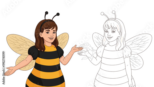 Comparison of a colored and line art illustration of a young girl wearing a cute yellow and black striped bee costume.