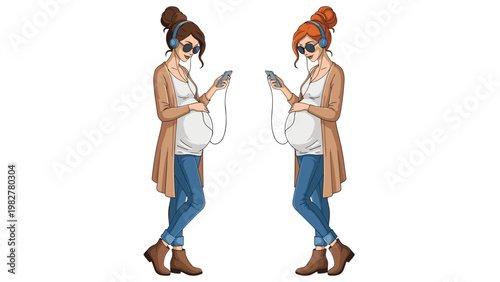 Illustration of two stylish pregnant women wearing headphones and sunglasses while looking at their smartphones.