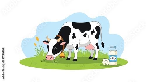 Dairy cow grazing in a green meadow next to a fresh bottle of milk in a scenic countryside illustration.