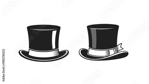 Two classic black top hats with white ribbons shown in a vintage hand-drawn style with detailed shading.