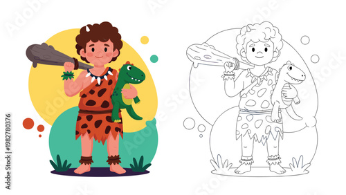 Comparison of a colored and line art illustration of a cute caveman boy holding a small green dinosaur toy.