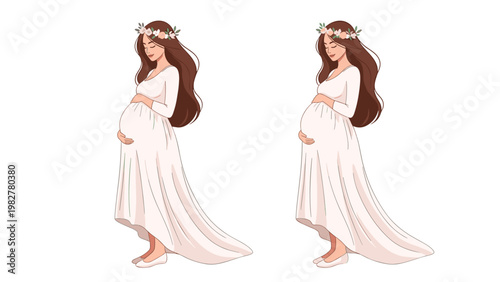 Beautiful pregnant woman in elegant white maternity dress wearing a flower crown and holding her belly shown in a dual pose illustration.